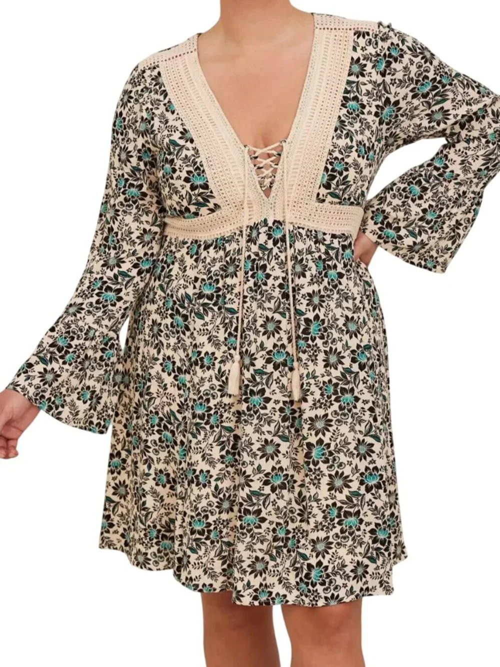 Torrid Mini Gauze Lace-Up Floral Skater V Neck Dress Beige 1 1X 14 16 NWOT - Picture 2 of 7